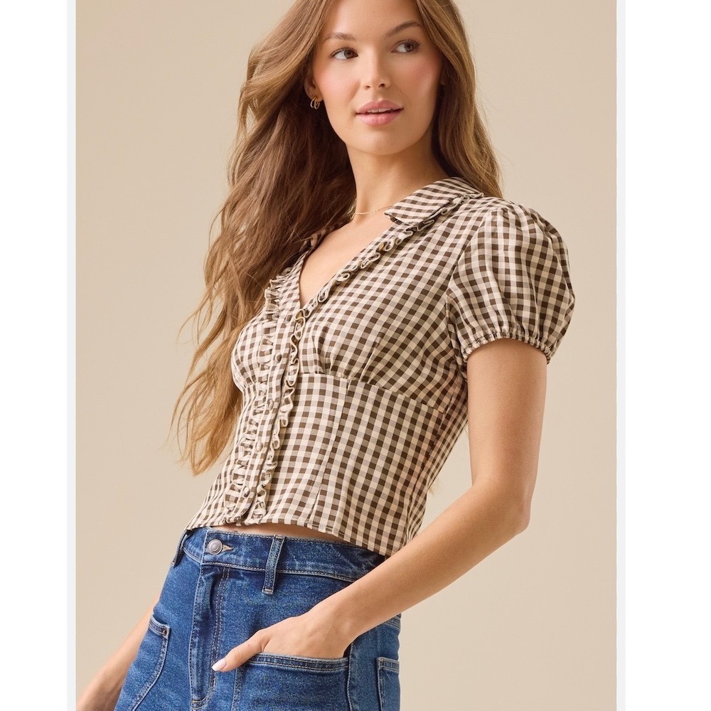 Altar'd State Skyler Brown Gingham Top Feminine Cottage Ruffle Puff Sleeve Large